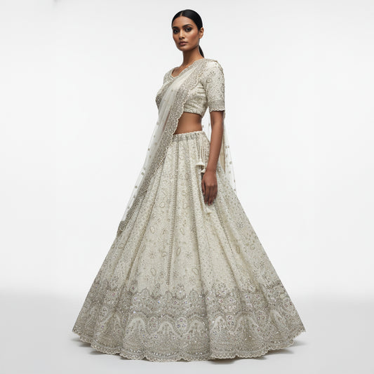 Jazzagals - Delicate Lucknawi Couture Georgette White Lehenga