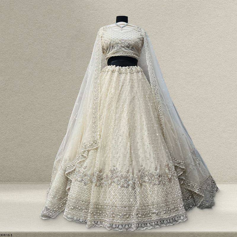 Jazzagals - Delicate Pearl Cutdana Handwork Couture Lehenga White