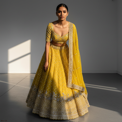 Yellow embellished georgette lehenga with matching dupatta and flared skirt
