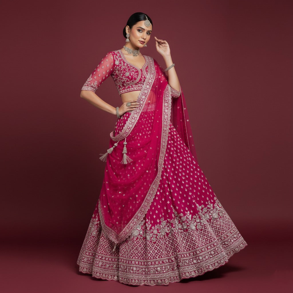 Jazzagals - Intricate Handwork Flared Stunning Fuschia Pink Georgette Lehenga