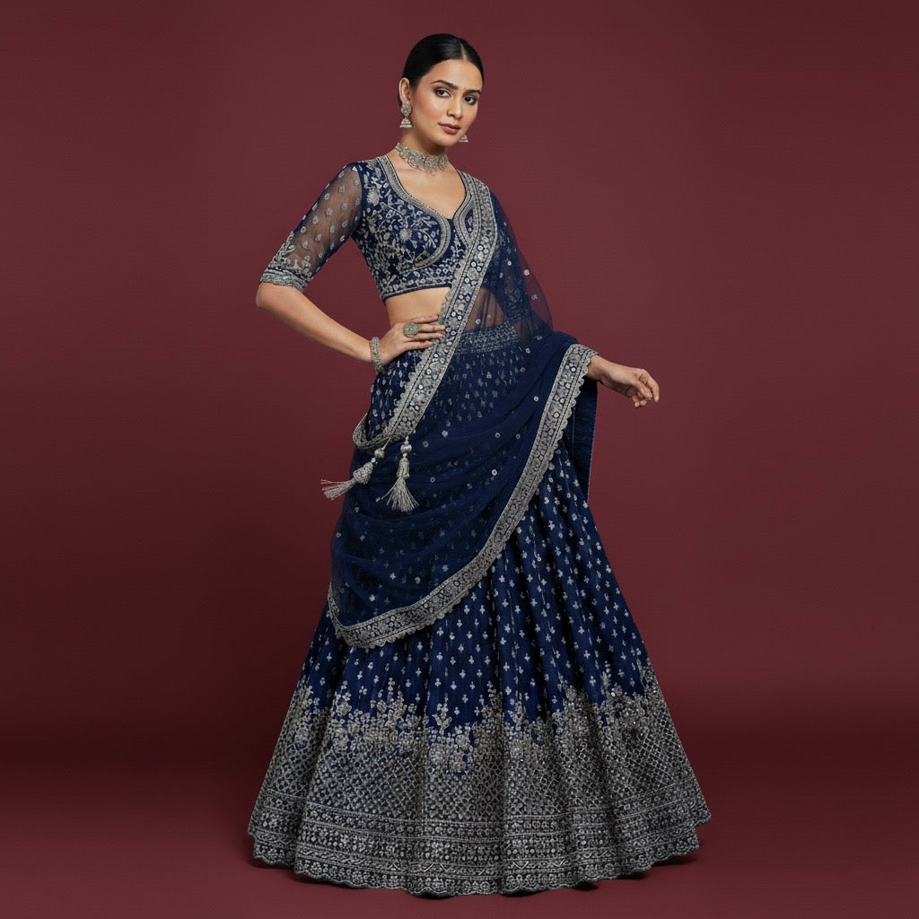 Jazzagals - Intricate Handwork Flared Stunning Navy Blue Georgette Lehenga
