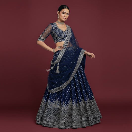 Jazzagals - Intricate Handwork Flared Stunning Navy Blue Georgette Lehenga