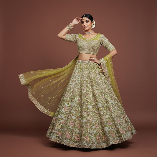Cherry Blossom - Pista Green Floral Lehenga With Designer Heavy Blouse