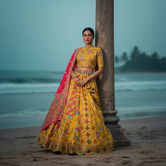 Gulaal - Multicolor Banarasi Silk Position Print Carnival Lehenga