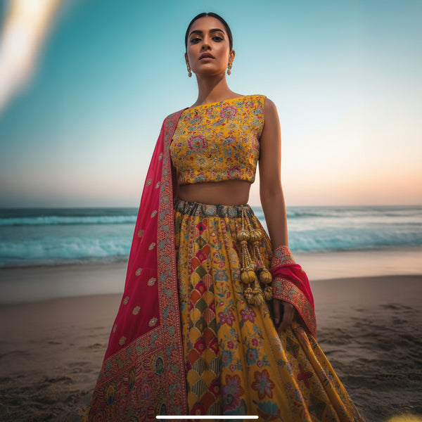 Gulaal - Multicolor Banarasi Silk Position Print Carnival Lehenga