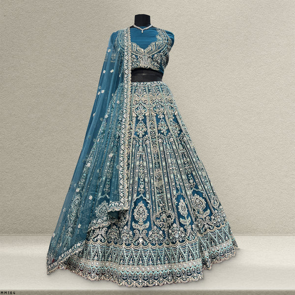 Cherry Blossom - Oceanic Blue Reception Engagement Lehenga With Designer Blouse