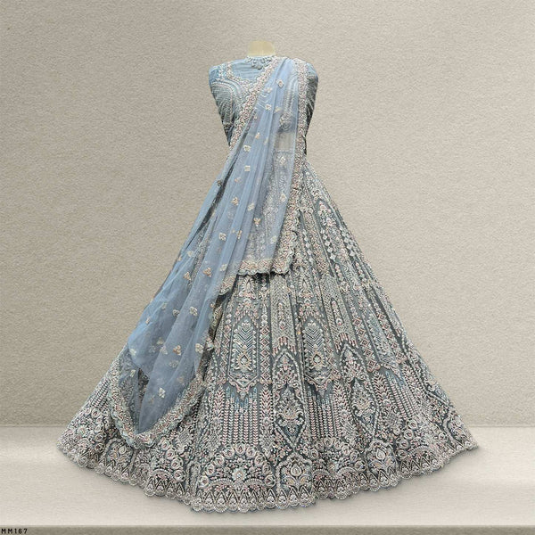 Cherry Blossom - Metallic Blue Reception Engagement Lehenga With Designer Blouse