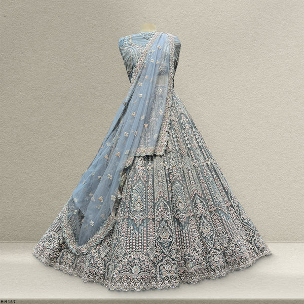 Cherry Blossom - Metallic Blue Reception Engagement Lehenga With Designer Blouse