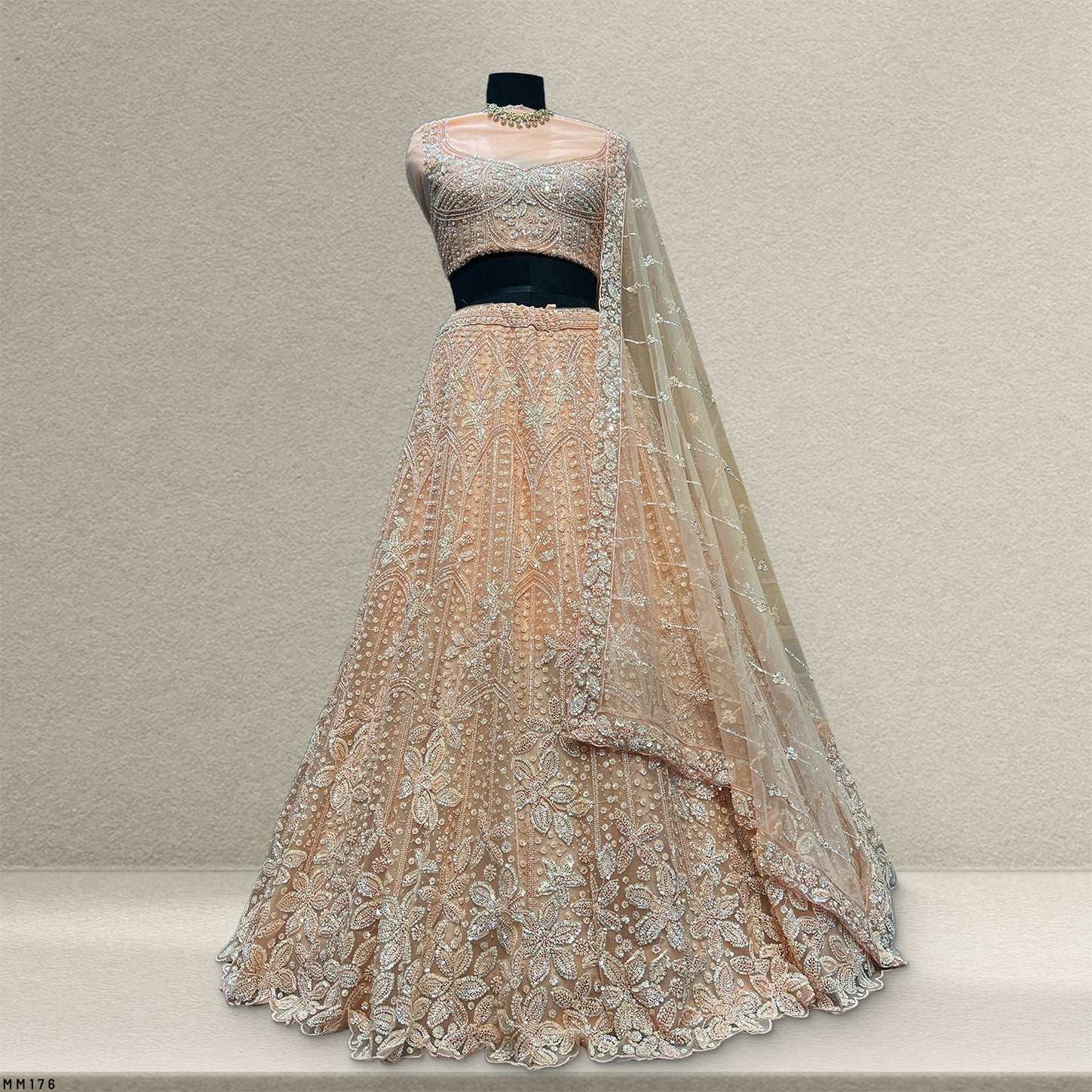 Jazzagals - Beads & Pearls Handwork Pastel Peach Reception Lehenga