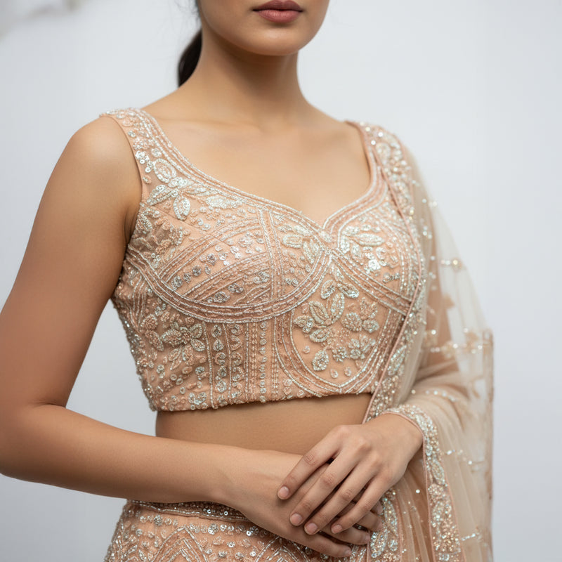 Peach beaded and sequined one-shoulder cropped blouse top with scalloped neckline