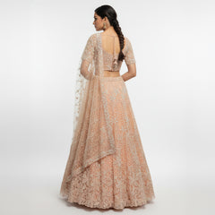 Peach sequin lehenga with cropped blouse and sheer embroidered dupatta, open back