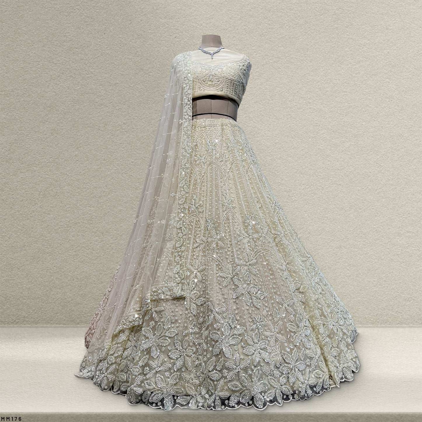 Jazzagals - Beads & Pearls Handwork Off White Reception Lehenga