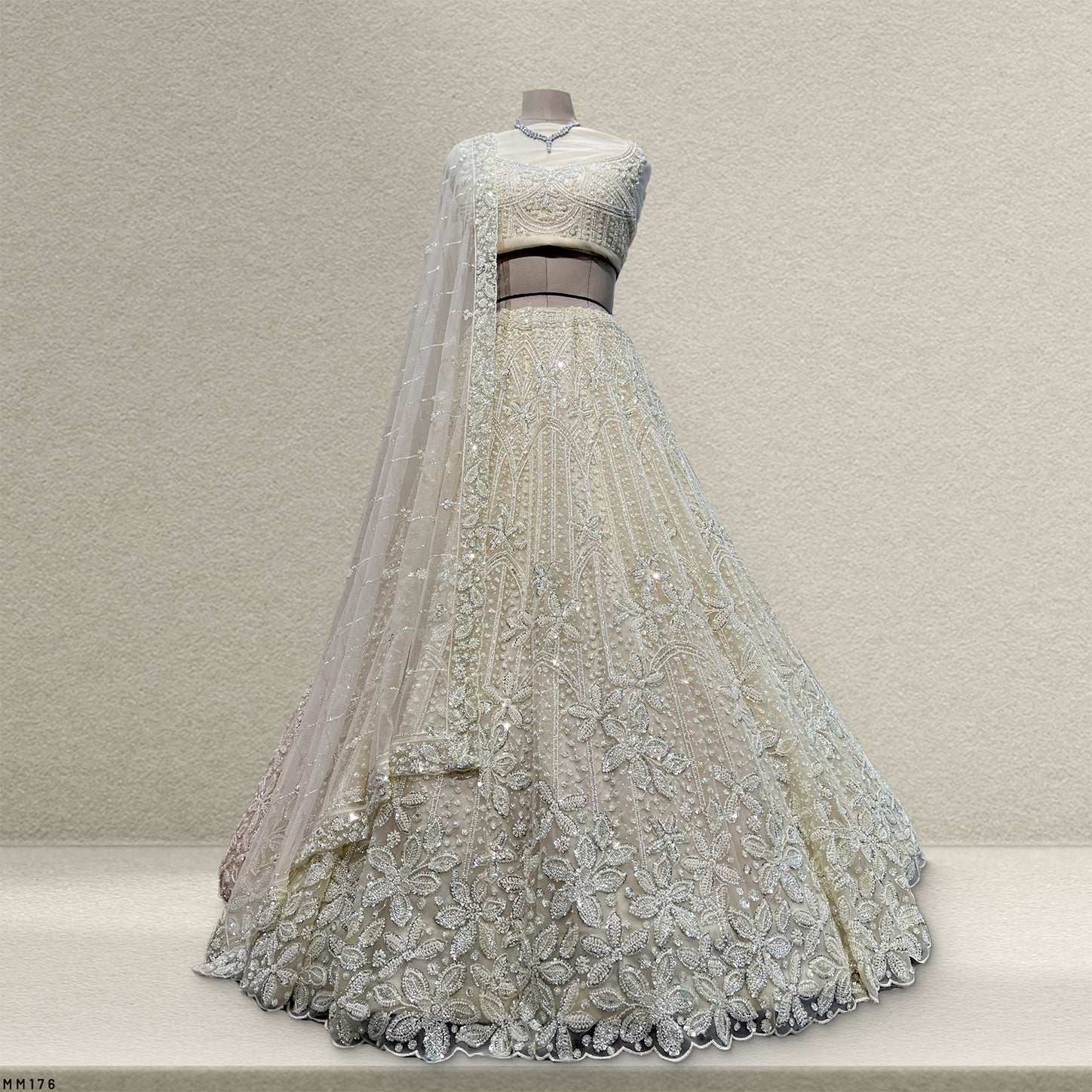 Jazzagals - Beads & Pearls Handwork Off White Reception Lehenga