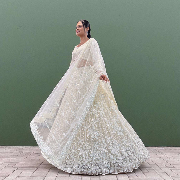 Jazzagals - Beads & Pearls Handwork Off White Reception Lehenga