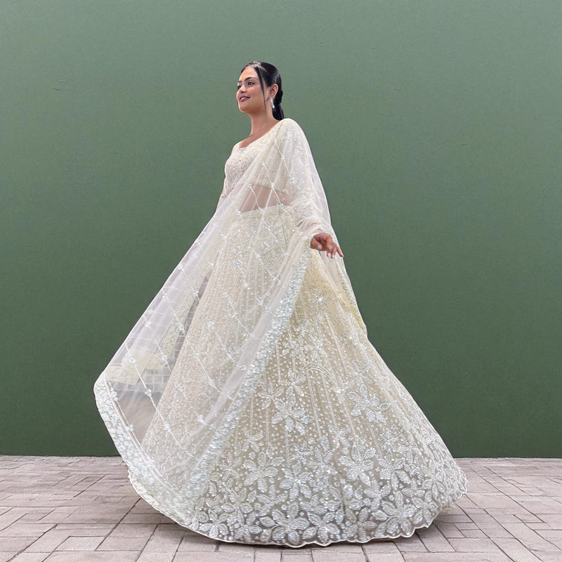 Jazzagals - Beads & Pearls Handwork Off White Reception Lehenga
