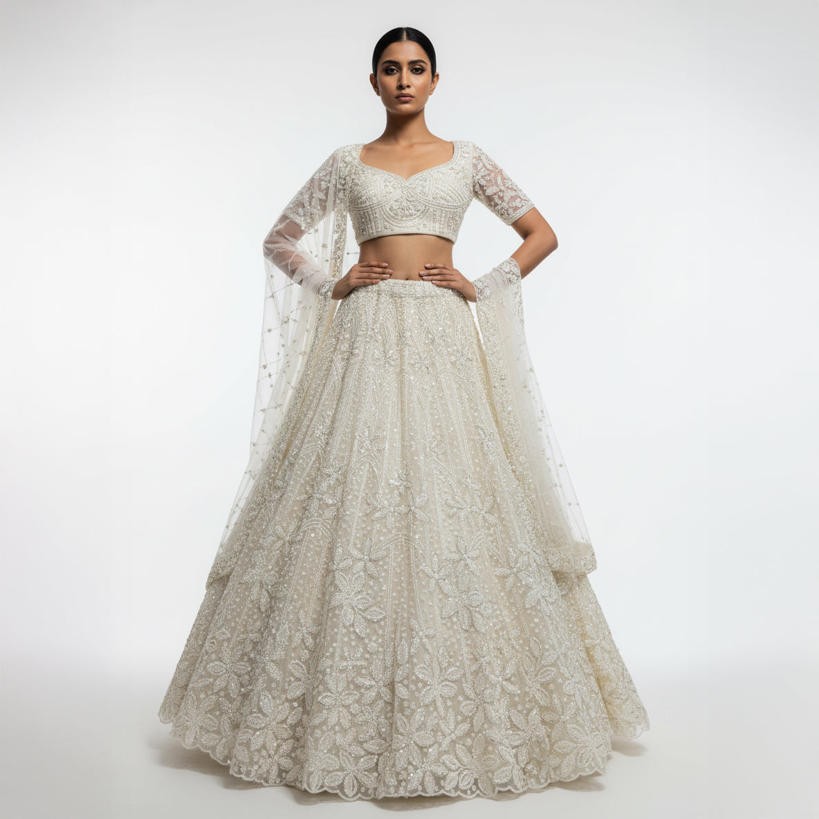 Jazzagals - Beads & Pearls Handwork Off White Reception Lehenga