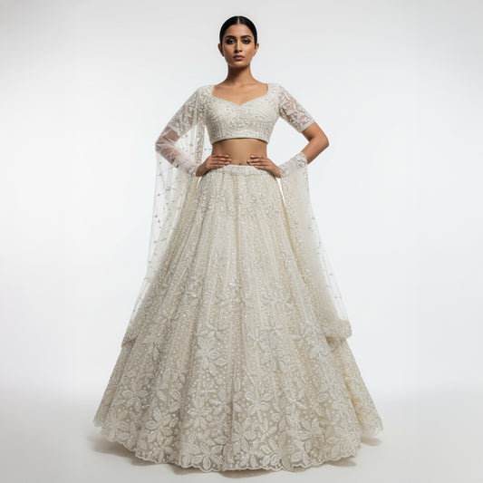 Jazzagals - Beads & Pearls Handwork Off White Reception Lehenga