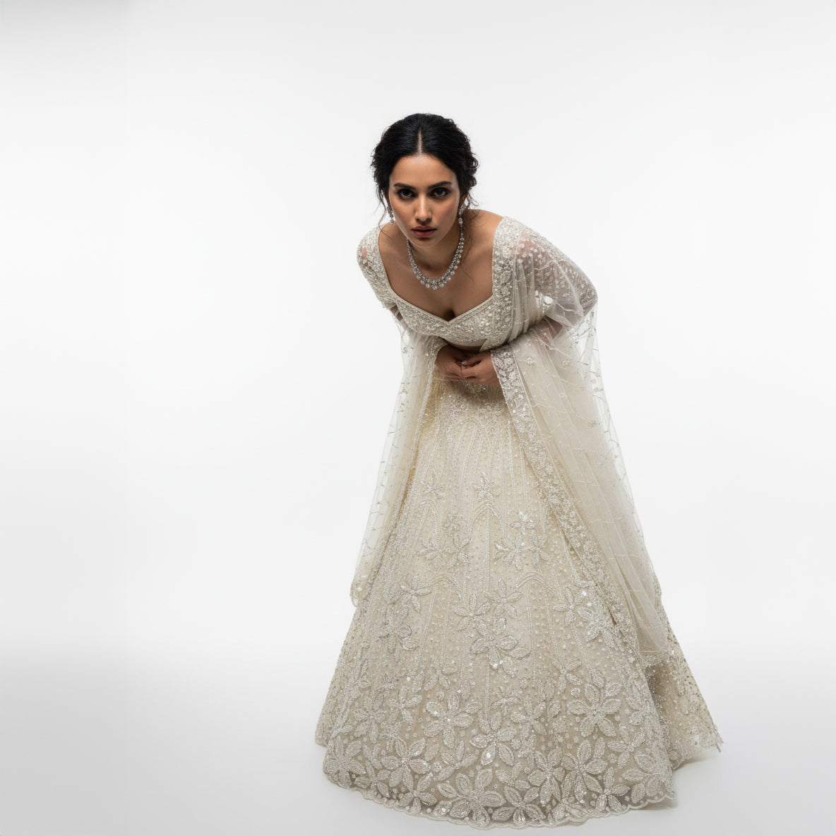 Jazzagals - Beads & Pearls Handwork Off White Reception Lehenga