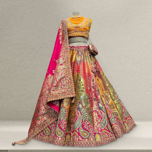 Multicolor lehenga set with gold-orange blouse, magenta dupatta, and embroidered skirt