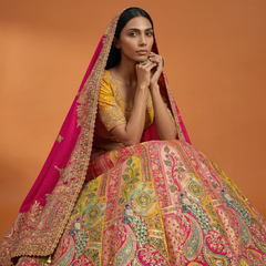 Multicolor Banarasi lehenga with embroidered blouse and magenta dupatta with ornate border