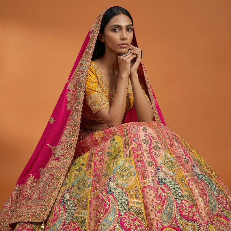 Multicolor Banarasi lehenga with embroidered blouse and magenta dupatta with ornate border