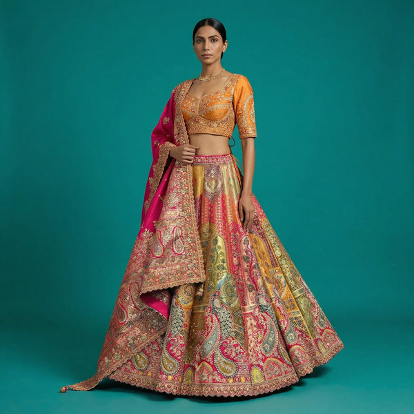 Multicolor Banarasi lehenga with orange-gold blouse and heavy embellished border