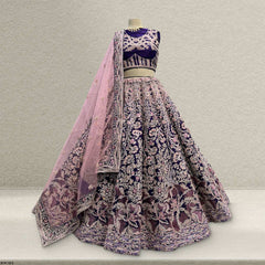 Embroidered flared lehenga with sheer lilac dupatta, dark purple and silver thread