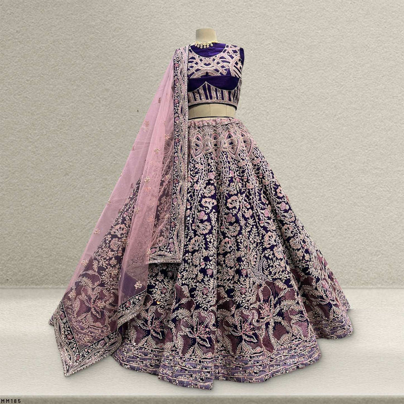 Embroidered flared lehenga with sheer lilac dupatta, dark purple and silver thread