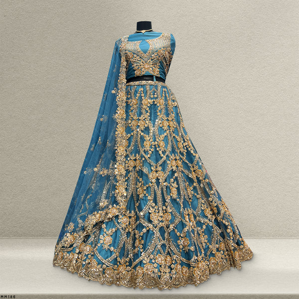 Jazzagals - Golden Beads Cutdana Handwork Blue Fish Lehenga