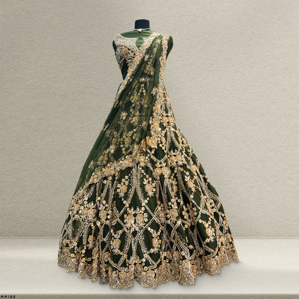 Jazzagals - Golden Beads Cutdana Handwork Green Fish Lehenga