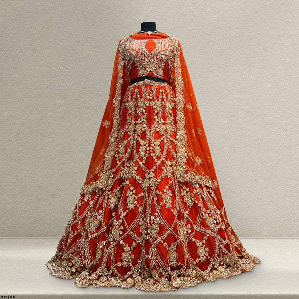 Jazzagals - Golden Beads Cutdana Handwork Orange Fish Lehenga
