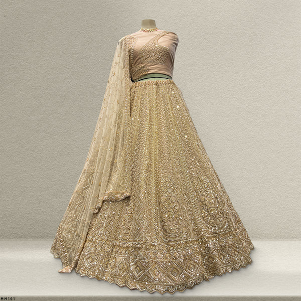 Jazzagals - Beads & Pearls Handwork Ivory Reception Lehenga