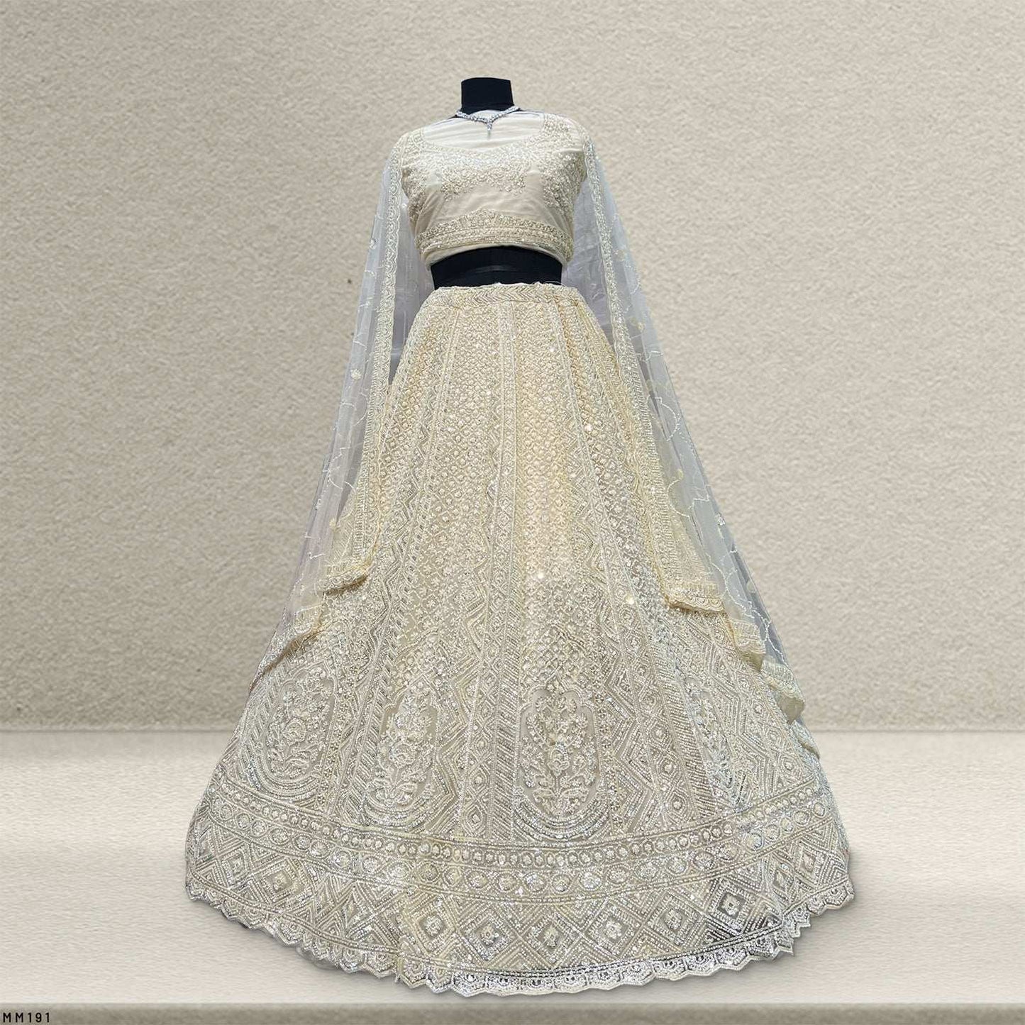 Jazzagals - Beads & Pearls Handwork Off White Reception Lehenga