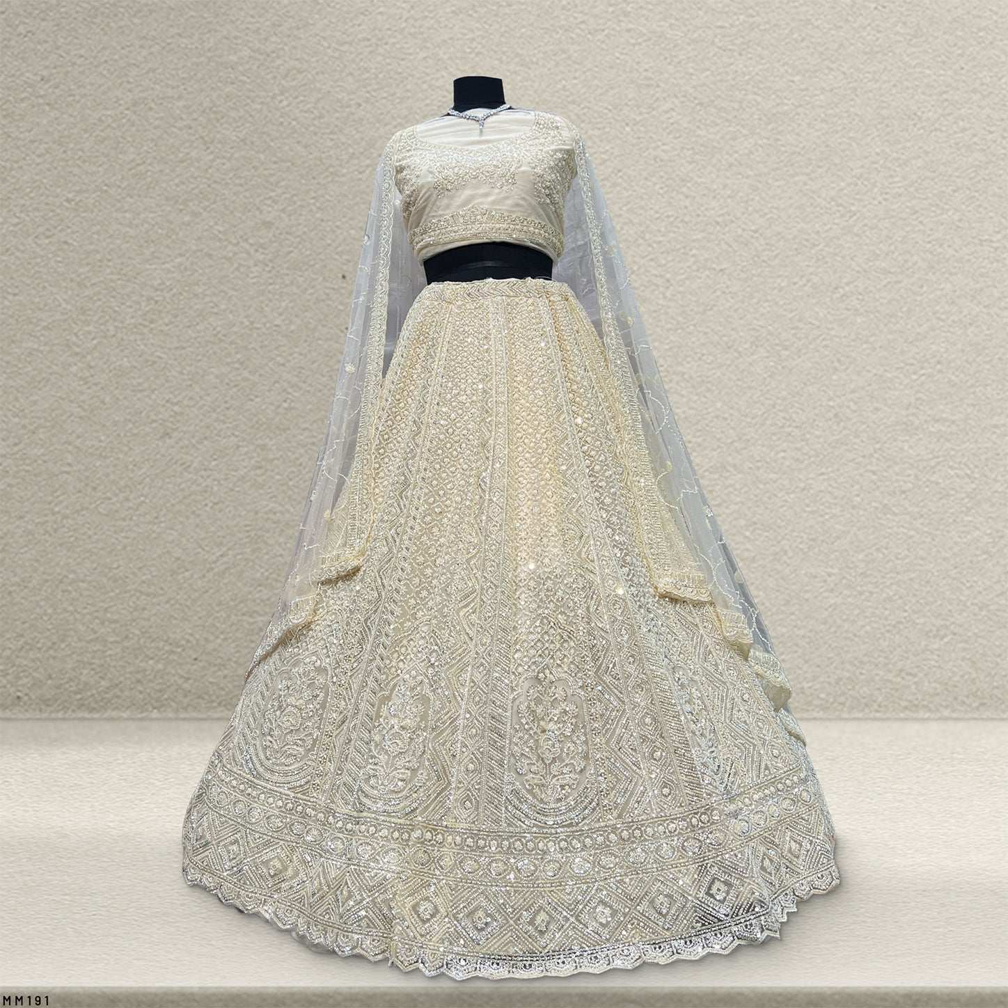 Jazzagals - Beads & Pearls Handwork Off White Reception Lehenga