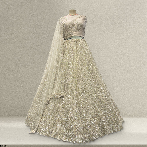 Jazzagals - Beads & Pearls Handwork Off White Reception Lehenga