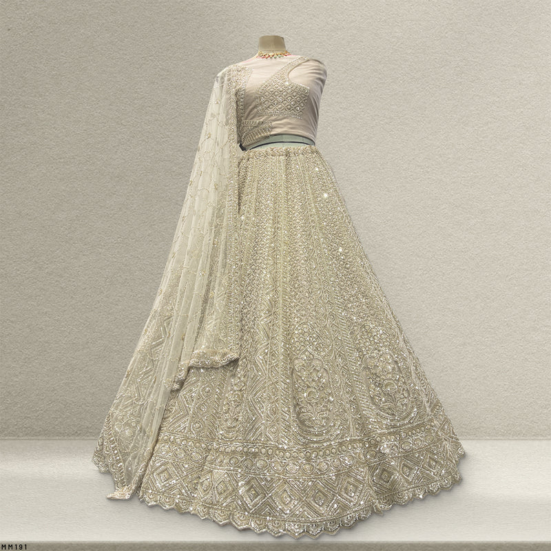 Jazzagals - Beads & Pearls Handwork Off White Reception Lehenga