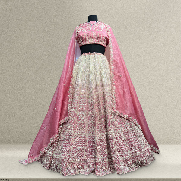 Jazzagals - Beads & Pearls Handwork Tissue Silk Ombre Reception Lehenga Pink