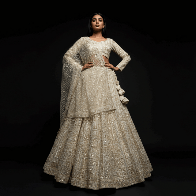 Off-white embroidered lehenga with long-sleeve blouse and tiered flared skirt