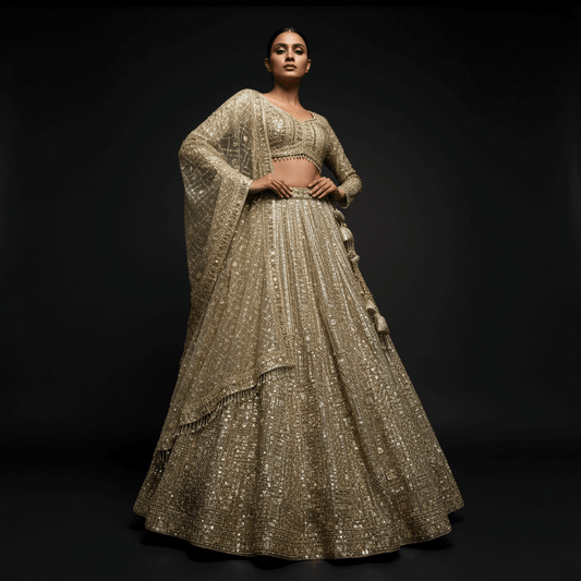 Celestial Collection: Ready-to-Wear Golden Reception and Sangeet Lehengas