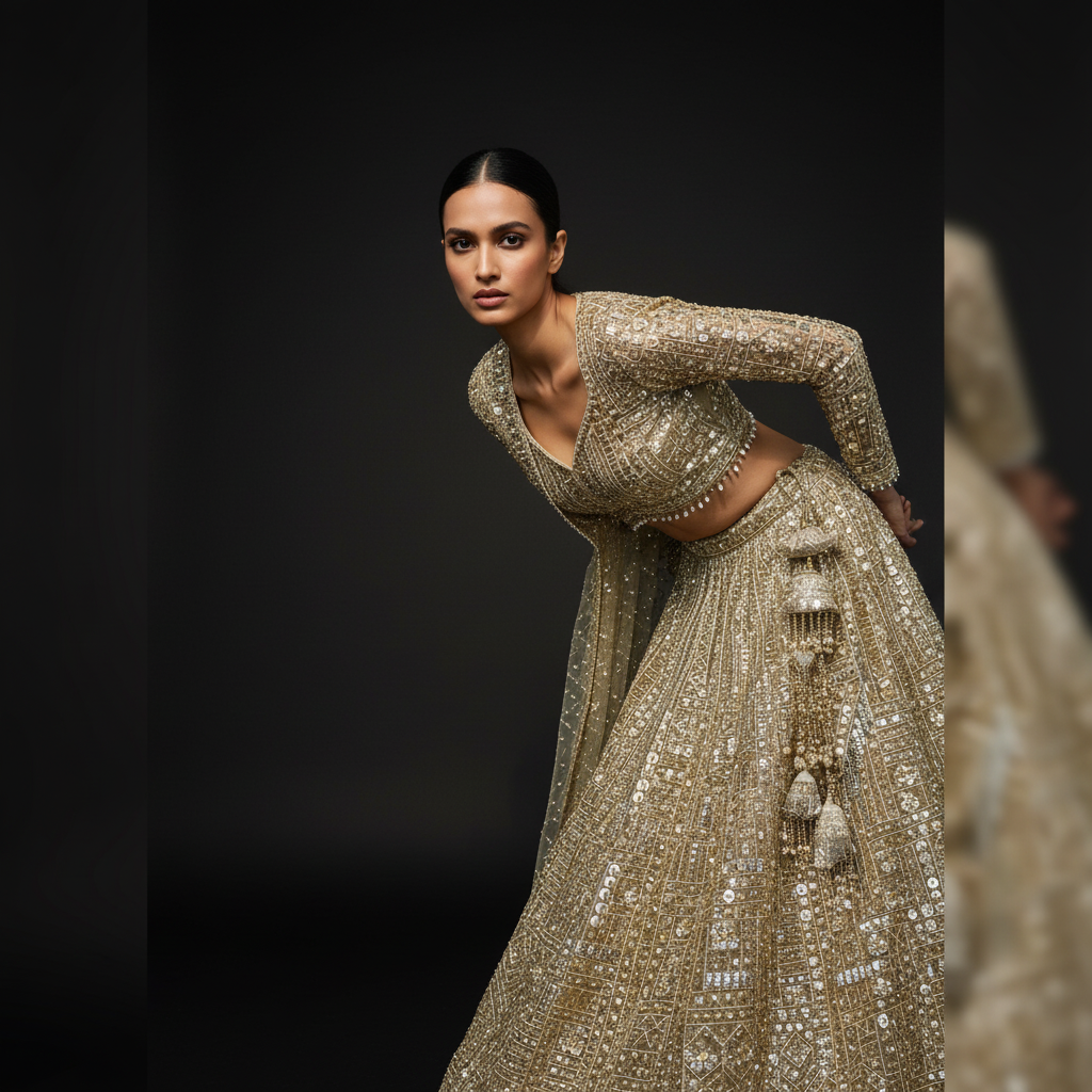 Celestial Collection: Ready-to-Wear Golden Reception and Sangeet Lehengas