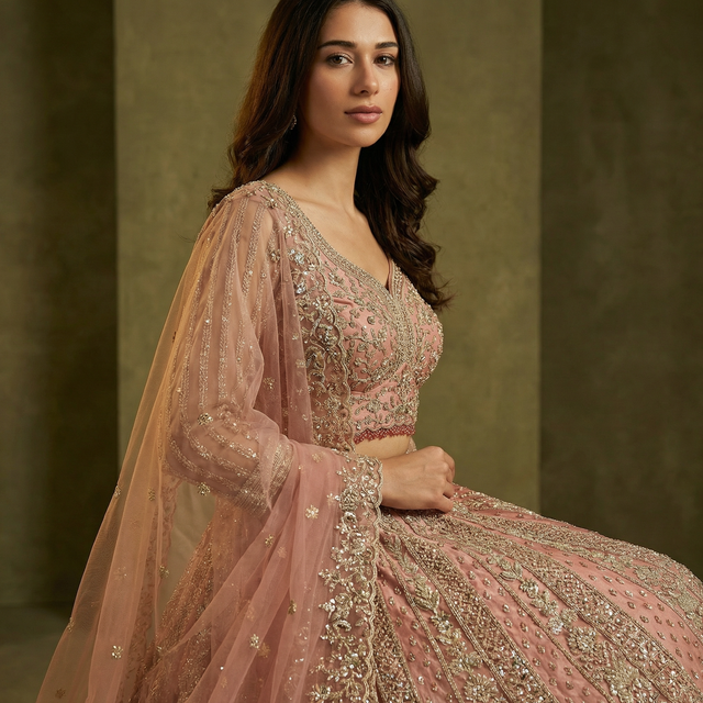 Dusty pink lehenga blouse with intricate gold-toned embroidery and sheer sleeves