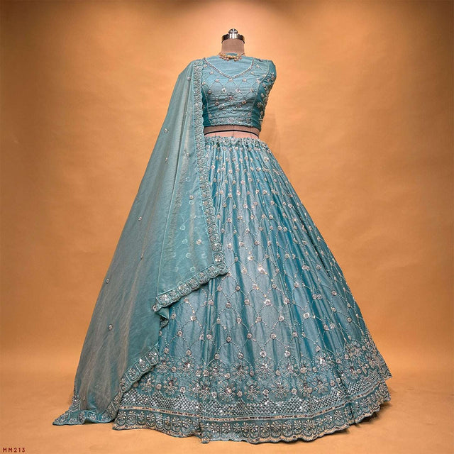 Blue lehenga set with bead-and-pearl embroidery, full skirt, and matching dupatta
