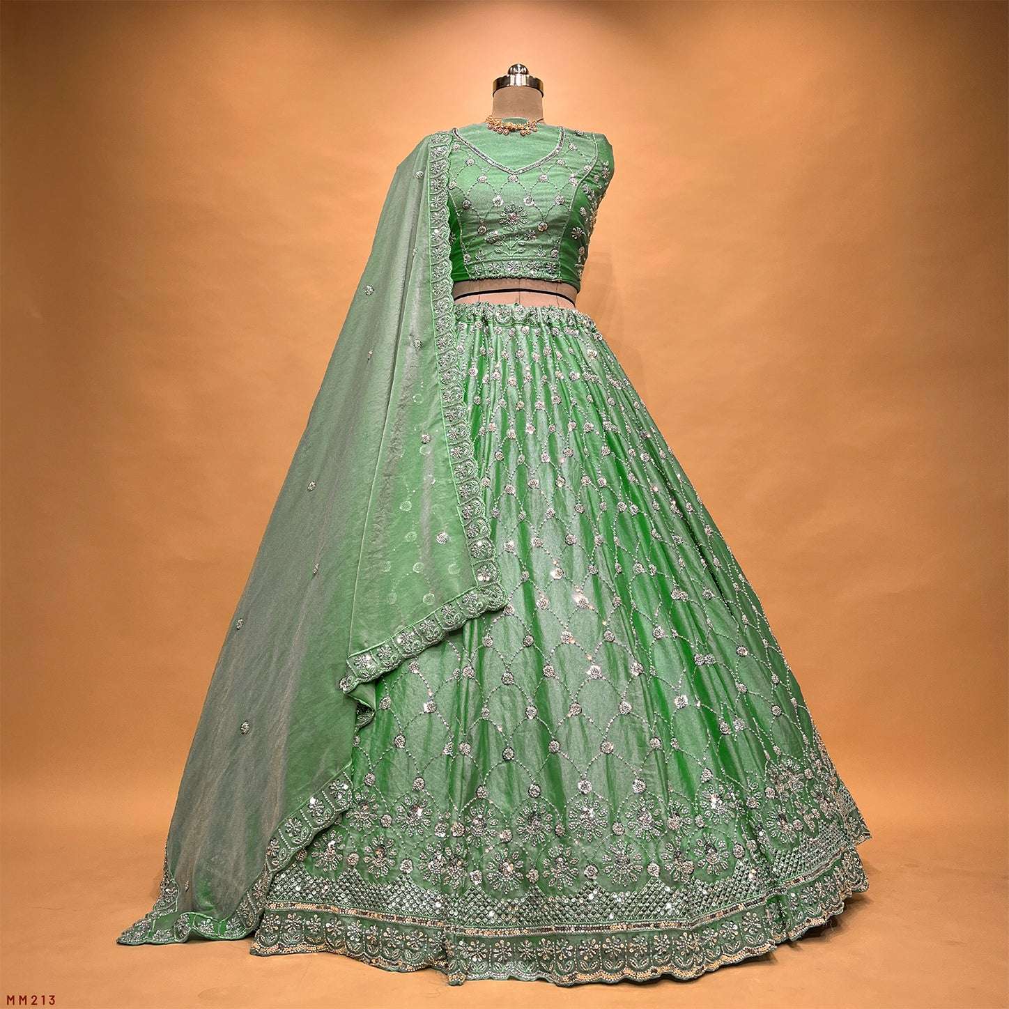 Jazzagals - Beads & Pearls Handwork Tissue Silk Partywear Lehenga Green