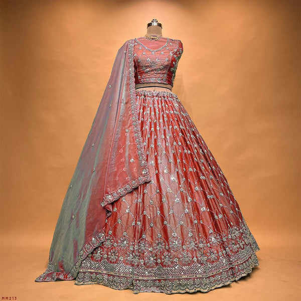 Jazzagals - Beads & Pearls Handwork Tissue Silk Partywear Lehenga Orange