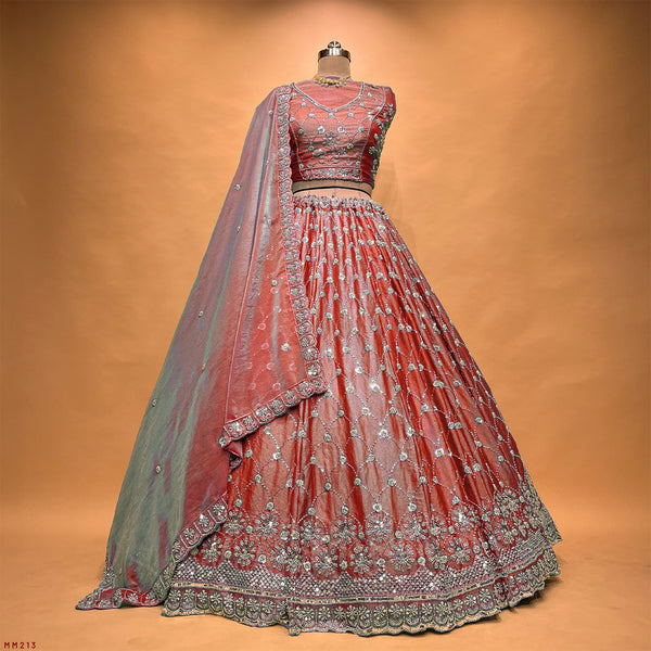 Jazzagals - Beads & Pearls Handwork Tissue Silk Partywear Lehenga Orange