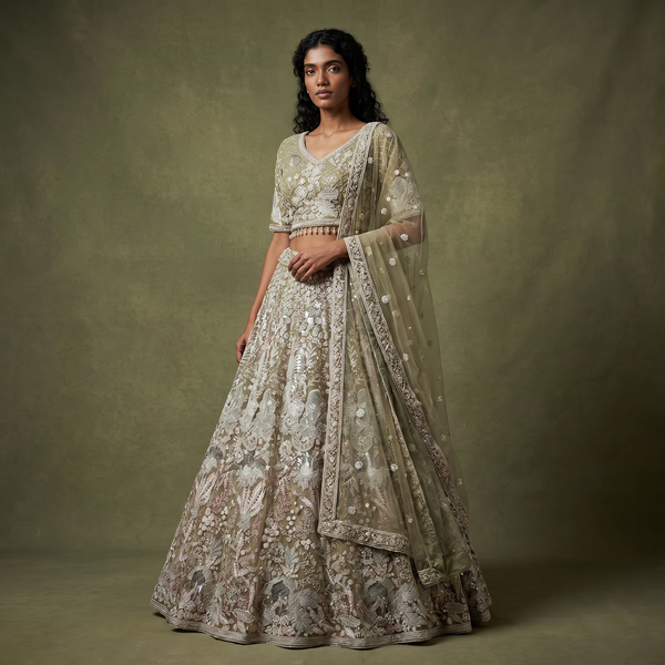 Sage green lehenga with ivory sequin pearl-like cutdana embroidery and sheer dupatta