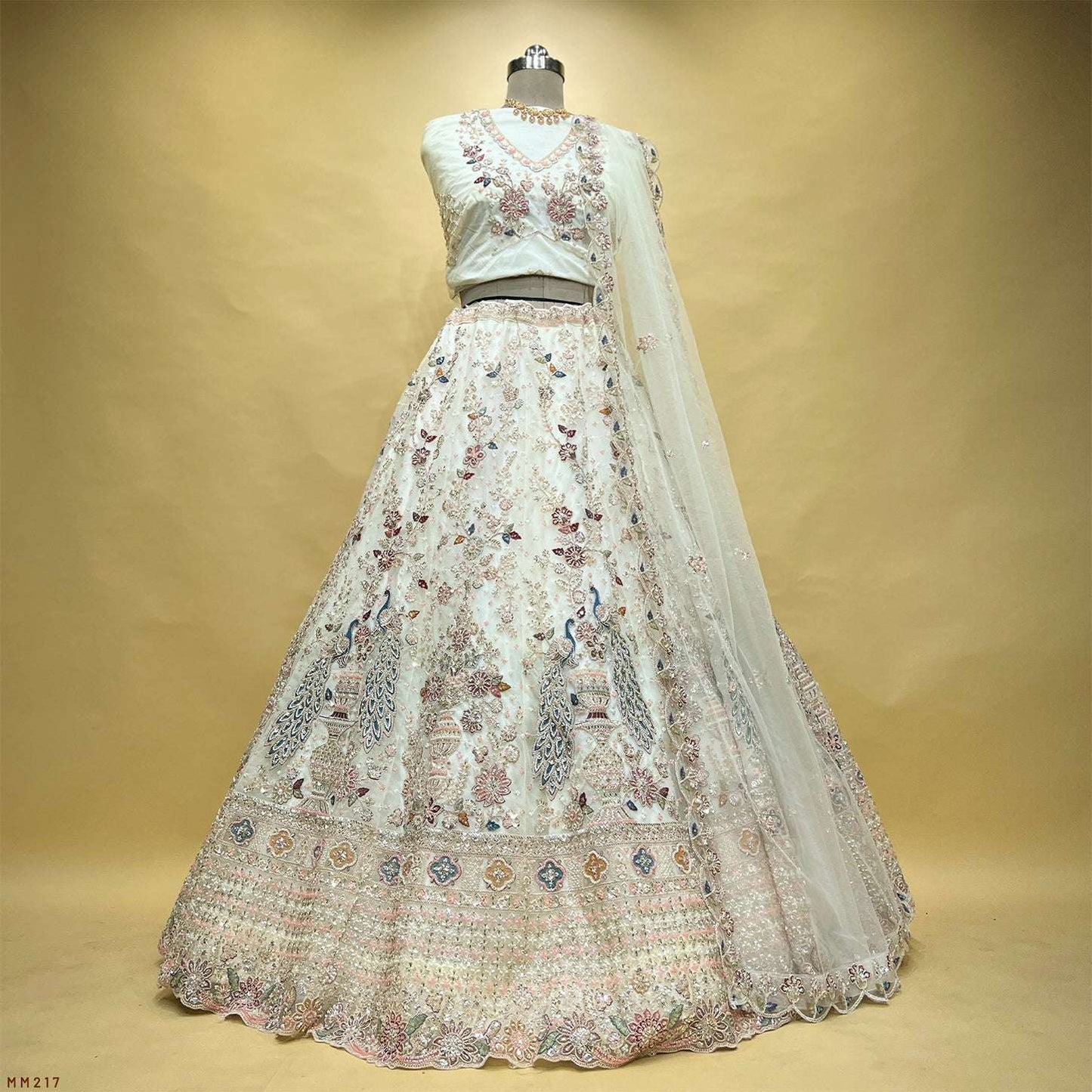Jazzagals - Golden Beads Cutdana Handwork Offwhite Peacock Lehenga