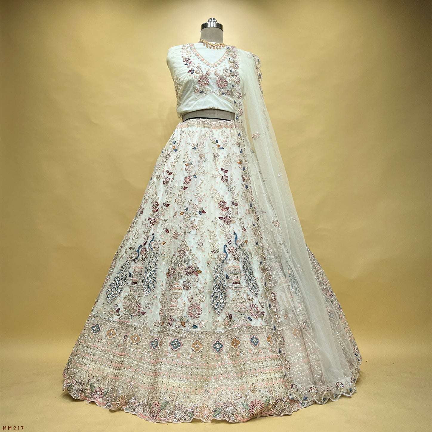 Jazzagals - Golden Beads Cutdana Handwork Offwhite Peacock Lehenga
