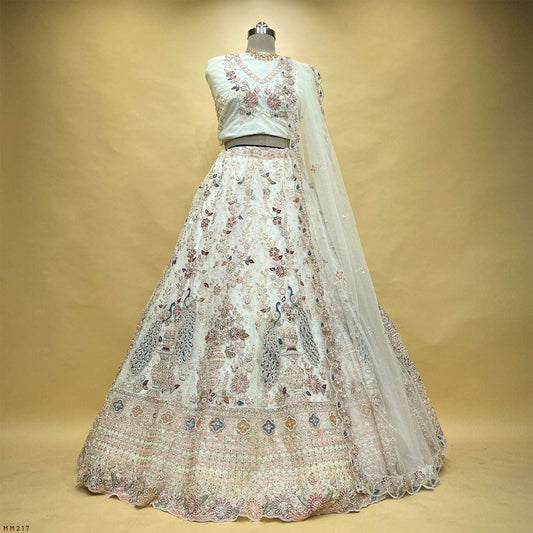 Jazzagals - Golden Beads Cutdana Handwork Offwhite Peacock Lehenga