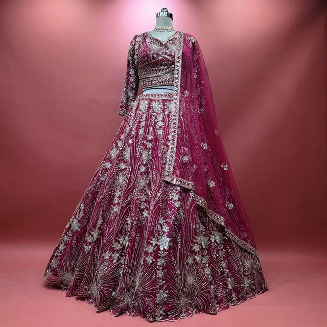Wine color beaded cocktail lehenga with ornate panelwork and flared skirt